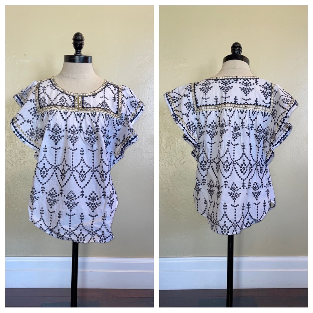 J Crew Embroidered Eyelet Flutter Sleeve Blouse White Black Size Medium